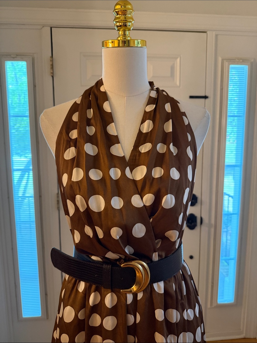 Donna Karan Brown and White Polka Dot Sleeveless Midi Dress - Picture 3 of 8